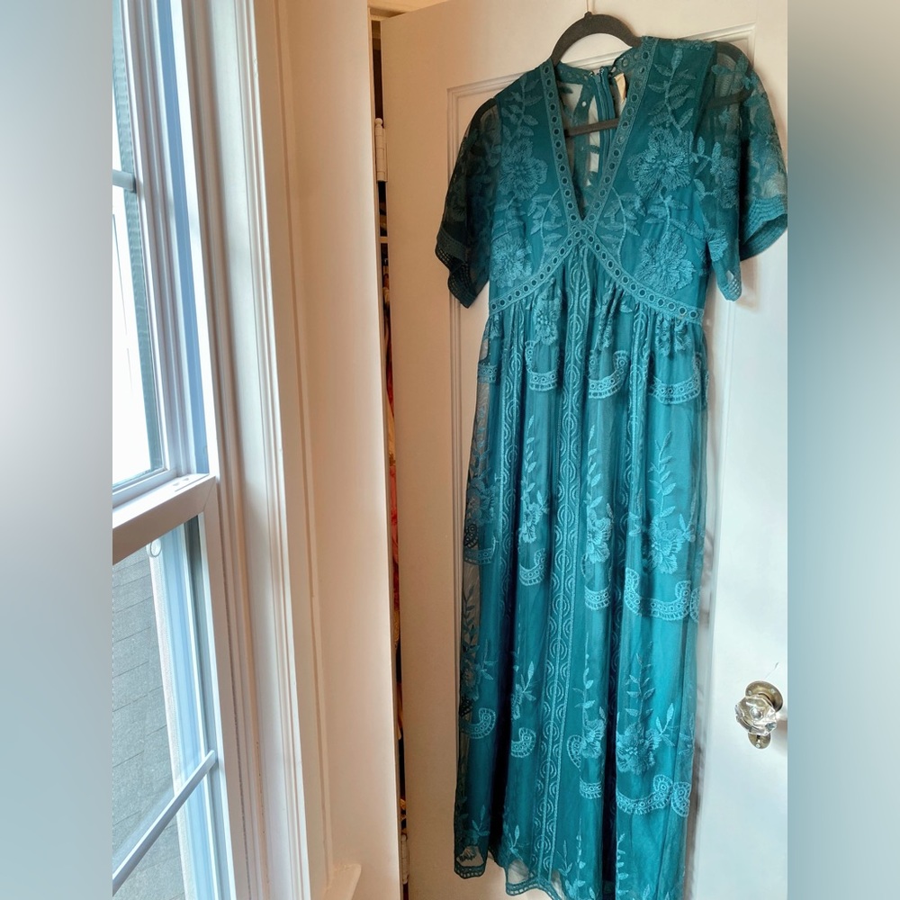 PINKBLUSH | Dark Turquoise Lace Mesh Overlay Maternity Maxi Dress